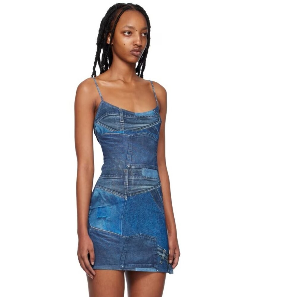NEW Eco-Friendly Miaou Blue Anya Mini Dress Patchwork Denim Print Size XL
